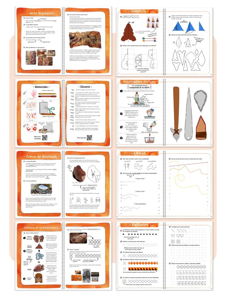 Mock-up interior cuaderno de arte prehistórico.