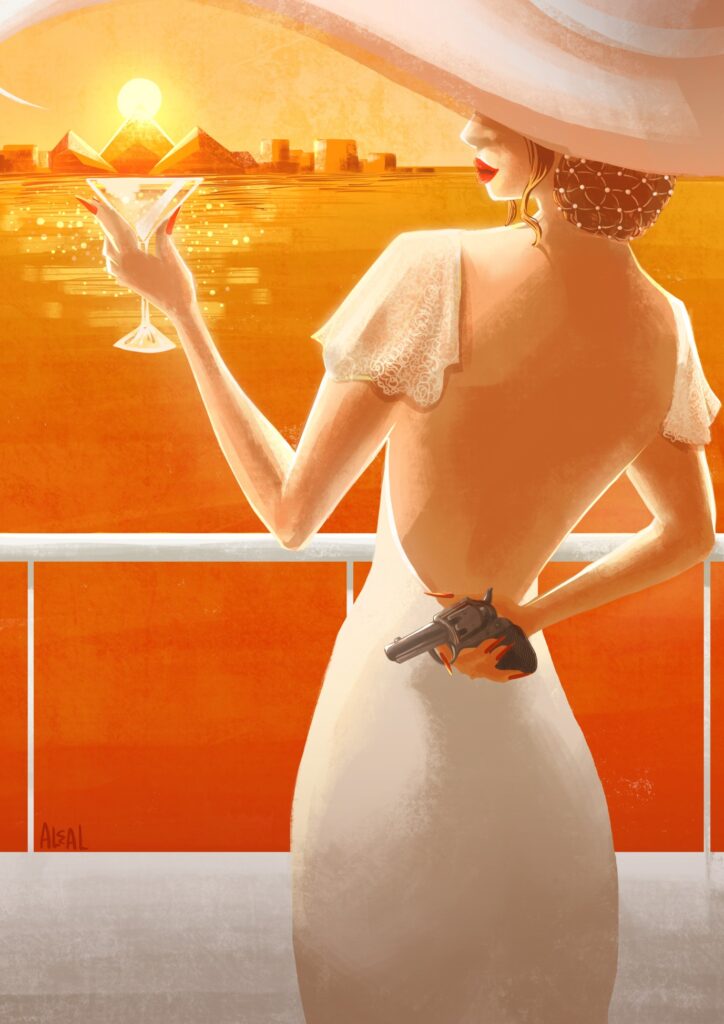 Ilustración para la portada de la novela de misterio "Muerte en el Nilo" de Agatha Christie.