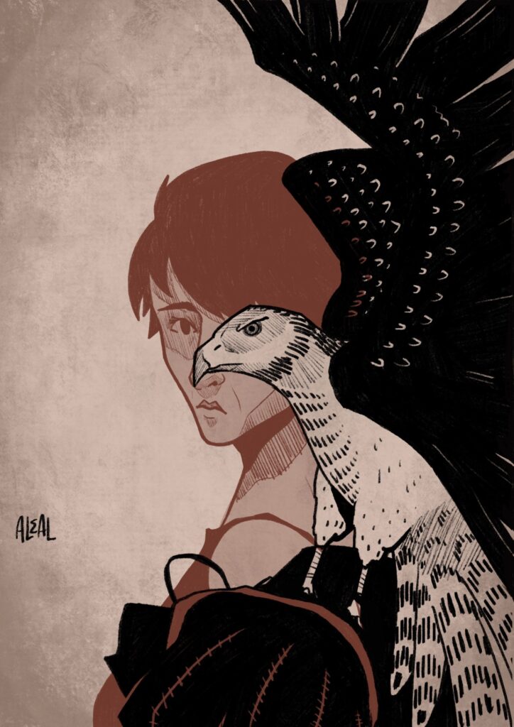 Ilustración para la portada de la novela "H de halcón", escrita por Helen McDonald.