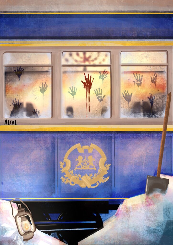 Ilustración para la portada del clásico "Asesinato en el Orient Express", de Agatha Christie.